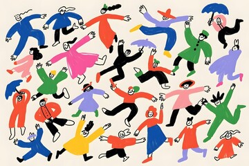 Colorful illustration of people jumping and dancing with joy and excitement in a playful style