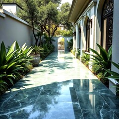 Outdoor pathway design with green marble tiles artistic lighting and surrounding plants creating serene luxurious stylish residential garden environment