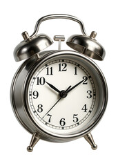 Silver metal alarm clock ringing in a 3D rendering.