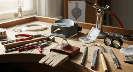 Jewelry making tools arranged on workbench with detailed equipment like ring sizer and pliers. Jewelry creation includes essential instruments for crafting rings, necklaces, and bracelets.