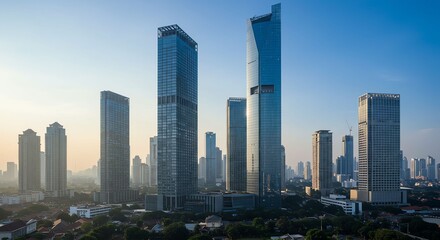 Obraz premium Modern Skyscrapers in a City Skyline During Sunrise with Clear Blue Sky