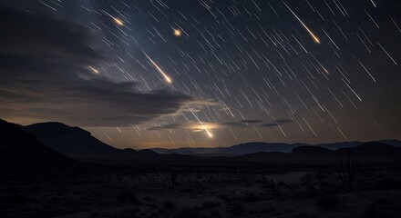 Desert Night Sky Lit Up by a Dazzling Meteor Shower Display over Mountains