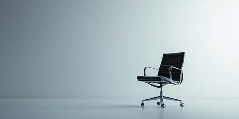 A pristine, minimalist office environment with a white background and a modern ergonomic office chair at its center, emphasizing the concepts of simplicity, efficiency, productivity, and readiness.