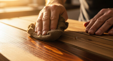 Hand cleaning wooden surface with cloth in warm light. The process involves wiping and polishing while achieving a smooth finish on wood. Concept of home improvement and woodworking tasks.
