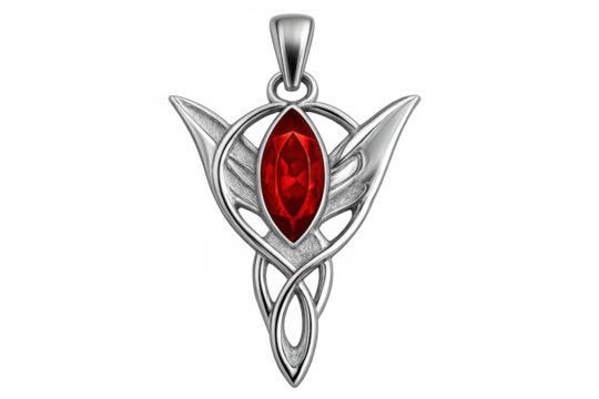 Elven inspired silver pendant with red gemstone