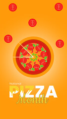 National Pizza Month Poster Banner and Background Abstract Design Template with Delicious Cheesy Pepperoni Slice Illustration for mobile responsive