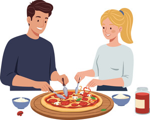 Young couple making homemade pizza together, smiling faces, cooking fun, fresh ingredients, kitchen activity, pepperoni and vegetables, casual clothing, happy moment, white background.