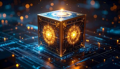 Glowing Cube on Circuit Board Digital Technology Illustration