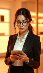 3D Latina Professional Using Tablet 30s female, glasses, business casual, interacts with tablet, transparent bg, 3D stylized, warm colors, clean