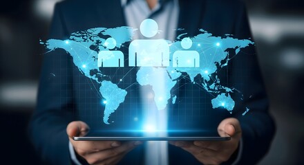 A man holding a tablet displaying a world map with people icons and connecting lines in blue light