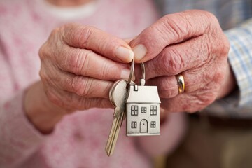 Elderly hands holding house keys with house keychain