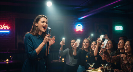 Woman singing karaoke with cheering audience