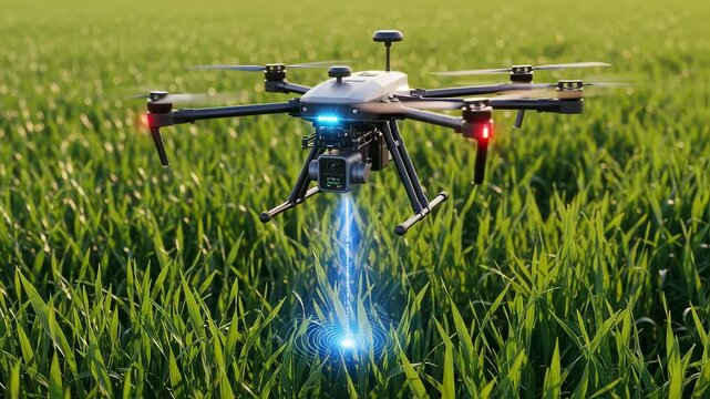 Closeup of drone hovering above green crops transmitting data for precision farming and environmental monitoring.