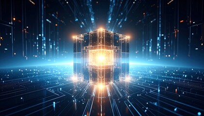 Glowing Cube with Digital Lines on Dark Background, Abstract Technology Concept