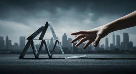 Hand Reaching Toward House of Cards Structure with City Skyline in Background