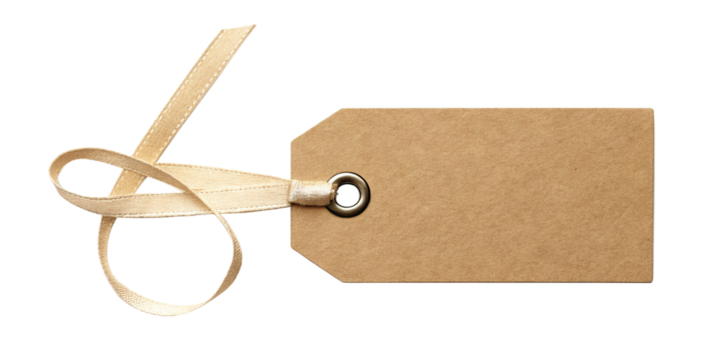 Blank Kraft Paper Gift Tag with Gold Satin Ribbon on Transparent Background
Isolated Kraft Gift Tag with Metallic Eyelet and Gold Bow for Mockup or Packaging Design