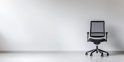 A pristine, minimalist office environment with a white background and a modern ergonomic office chair at its center, emphasizing the concepts of simplicity, efficiency, productivity, and readiness.