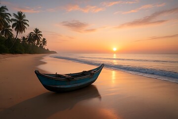 Tropical Sunrise Sri Lankan Beach with Fishing Boat in Sand

