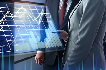Business professionals analyzing financial data on a futuristic holographic display, showcasing market trends and growth potential with a serious, determined mood.