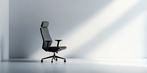 A pristine, minimalist office environment with a white background and a modern ergonomic office chair at its center, emphasizing the concepts of simplicity, efficiency, productivity, and readiness.