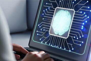 Close-up of hands using laptop displaying futuristic digital brain interface;  cybernetic neural network concept;  modern technology, AI, and artificial intelligence theme;  dark blue and teal color