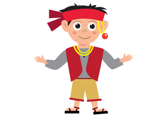 Boy with Welcome Gesture in Muslim Costume. Editable Clip Art.