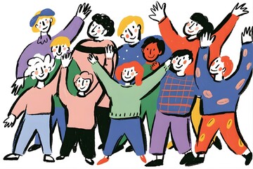 Group of people waving hands in an illustration with various colors and styles of clothing