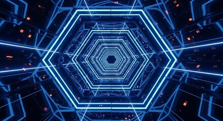 Glowing Blue Hexagonal Tunnel with Reflections and Orange Details in Dark Background