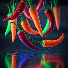 Vibrant Red, Green, Orange Peppers and Carrots with Water Droplets, Reflecting on Surface