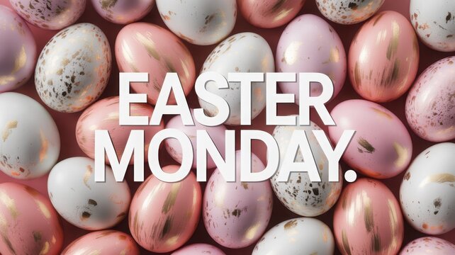 Festive easter monday greeting with a beautiful arrangement of pastel colored decorative eggs close up
