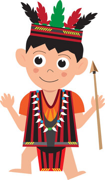 Boy in Ifugao Costume and Spear Ancient Weapon. Editable Clip Art.