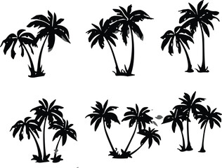 Set of black palm tree silhouettes, tropical island plants, exotic nature icons, vector illustration collection, isolated white background, tropical foliage design elements.