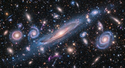 Collection of Spiral and Elliptical Galaxies Amidst a Sea of Stars in Deep Space