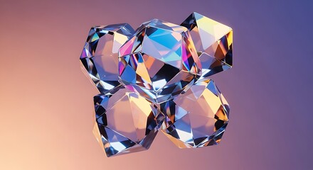 Stacked Faceted Cubes with Iridescent Reflections, Geometric Shapes on Gradient Background