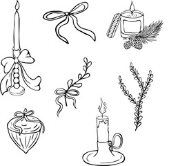 Christmas Candle and Holiday Decor Line Art Set