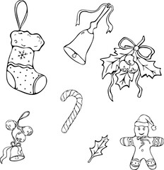 Christmas Stocking and Holiday Elements Line Art Set
