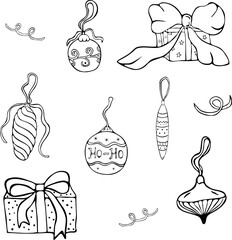 Christmas Ornaments Line Art Set &mdash; Baubles, Ribbons, Gift Box