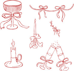 vector set of christmas decorations, party decor, Bows, Candle, Stocking, Bell