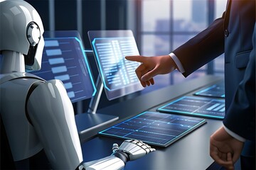 Futuristic Business Collaboration: Human and AI Partnering on Modern Technology,  Innovative Data Analysis,  Strategic Planning,  Digital Transformation,  High-Tech Office Setting.