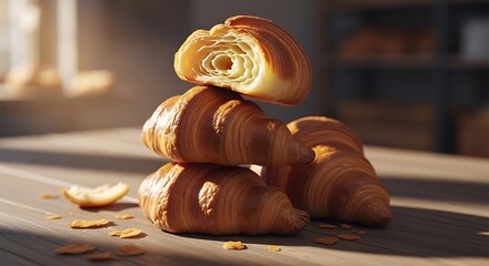 Stack of Golden Brown Croissants, One Cut in Half, on a Wooden Table