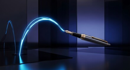 Elegant Fountain Pen with Gold Trim Emitting a Curved Blue Light Beam on Dark Surface