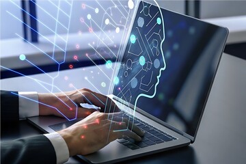 Futuristic AI concept:  Close-up of hands typing on a laptop,  a digital human head overlayed, showcasing innovative technology,  modern business, and the future of artificial intelligence.