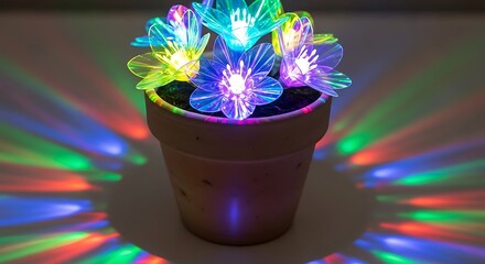 Vibrant Illuminated Flower Lights in Clay Pot Casting Colorful Shadows on Surface