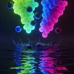Neon Grapes and Blueberries Plunging Into Water With Splashes on a Black Background