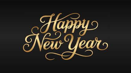 Happy New Year lettering presents gold script and elegant flourishes on a black background with celebration text