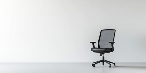 A pristine, minimalist office environment with a white background and a modern ergonomic office chair at its center, emphasizing the concepts of simplicity, efficiency, productivity, and readiness.