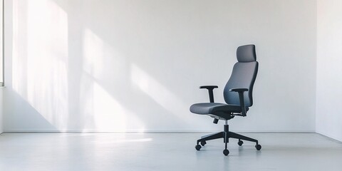 A pristine, minimalist office environment with a white background and a modern ergonomic office chair at its center, emphasizing the concepts of simplicity, efficiency, productivity, and readiness.