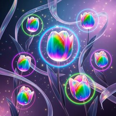 Iridescent Tulip Flowers Surrounded by Neon Rings and Flowing Ribbons on Dark Background