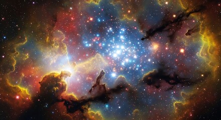 Glimpse of a Star Cluster within a Colorful Nebula, Cosmic Gas Clouds