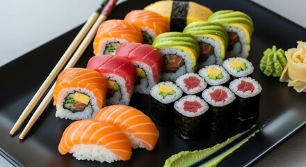 Sushi Platter with Salmon, Tuna, Avocado Rolls, Maki, Wasabi, and Ginger